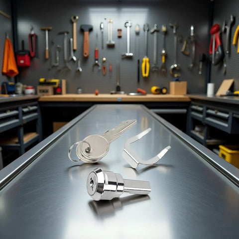 Silver Universal Toolbox Lock With 180 Degree Rotation Unlocking, Heavy Duty Metal Drawer And Cabinet Lock Set on workbench