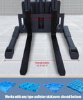 Close-up of adjustable forks on Powerful 3300 Lb Capacity Electric Pallet Stacker, showcasing width and fork distance.