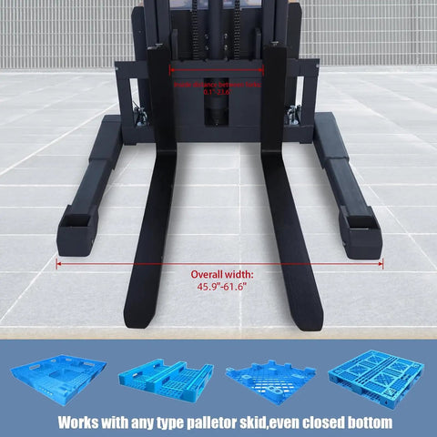 Close-up of adjustable forks on Powerful 3300 Lb Capacity Electric Pallet Stacker, showcasing width and fork distance.