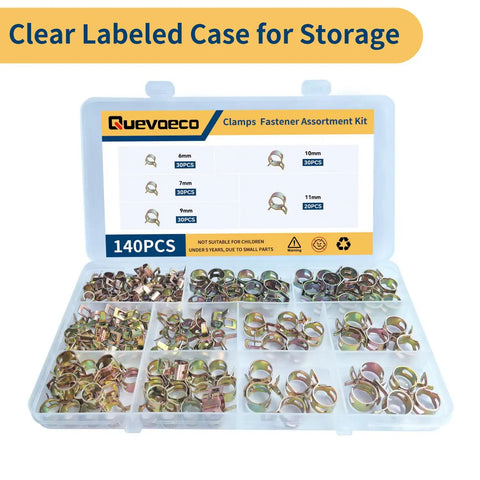 Clear labeled case with Spring Hose Clamp Set 140 Piece Assortment for Auto Fuel Line Air Water Silicone And Vacuum Hoses in 6mm 7mm 9mm 10mm 11mm sizes