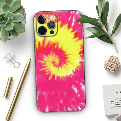 Full Body Skin Decal Wrap Kit For IPhone 11 Spiral Tie Dye V2 on phone with bubble free application and precision fit displayed.