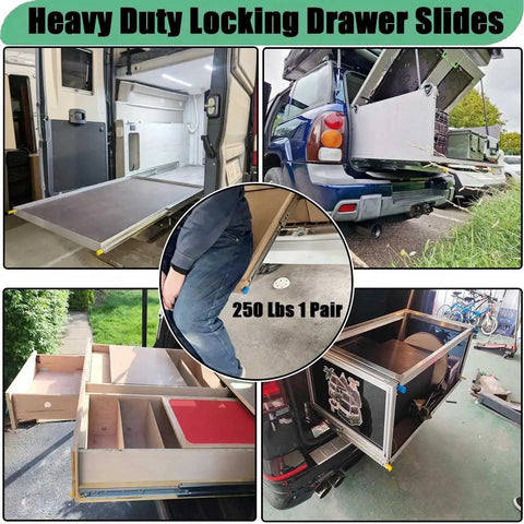 Heavy Duty Bottom Mount Drawer Slides With 500 Lb Capacity Full Extension Built Of Cold Rolled Steel shown in various applications