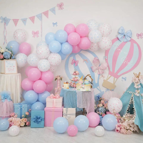 Pastel Pink and Blue Gender Reveal Balloons Set 60 Pack 12 Inch Includes 20 Pink 20 Blue 10 Pink Bow Print 10 Blue Bow Print Balloons Plus Ribbon for Easy Decorating Perfect for Baby Shower or Boy or Girl Reveal