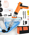 Heavy Duty Electric Toilet Plunger Paired With High Pressure Air Blaster showing included accessories and water effect in plumbing.