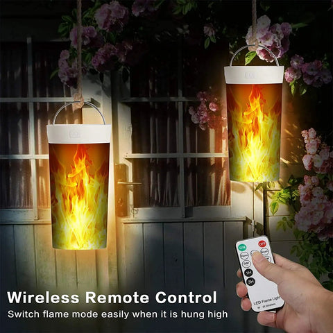 Hanging flameless LED flame lights with remote control in a garden setting, showing realistic dancing flames.
