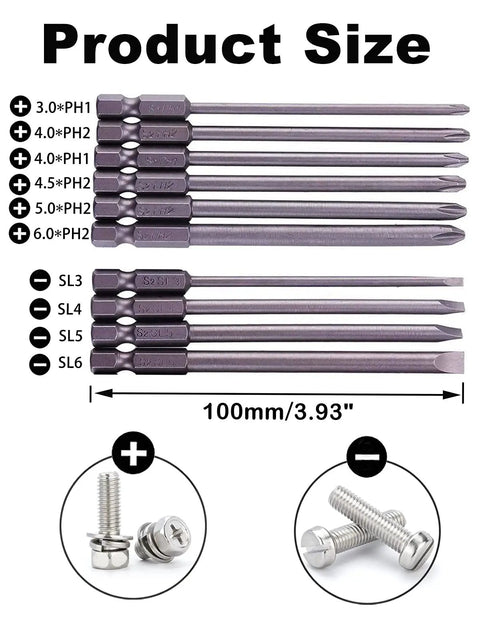10Pcs 1/4 Inch Hex Shank Long Magnetic Screwdriver Bits Set displayed with size markings and compatible screw types.