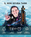 Diver holding 1L Mini Scuba Tank With Mask DOT Certified Portable Diving Air Tank 3000 PSI Pony Bottle in water.