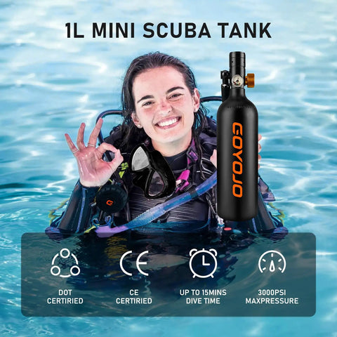Diver holding 1L Mini Scuba Tank With Mask DOT Certified Portable Diving Air Tank 3000 PSI Pony Bottle in water.