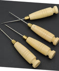 3 Piece Awl Handle Set For Leather Crafting And Woodworking With Ergonomic Wooden Grip Replacement Stitching Tool For Do It Yourself Sewing Projects, featuring wooden grips and metal tips.