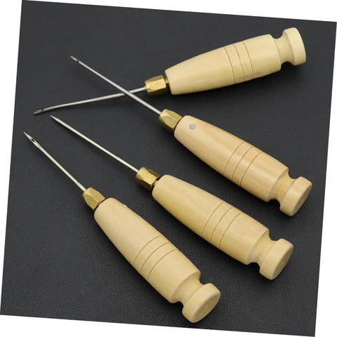 3 Piece Awl Handle Set For Leather Crafting And Woodworking With Ergonomic Wooden Grip Replacement Stitching Tool For Do It Yourself Sewing Projects, featuring wooden grips and metal tips.