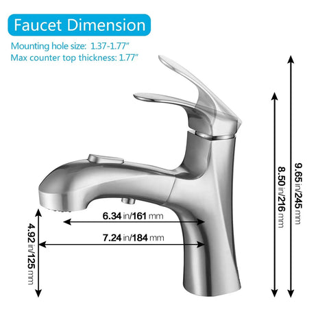 Brushed Nickel Pull Out Bathroom Faucet With 3 Spray Modes Single Hole Sink Faucet Pull Down Sprayer dimensions illustration