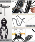 Image showcasing an All In One Bike Tool Kit with Eight Pro Grade Bicycle Repair Tools For Mountain Bikes, featuring chain breaker and link plier.