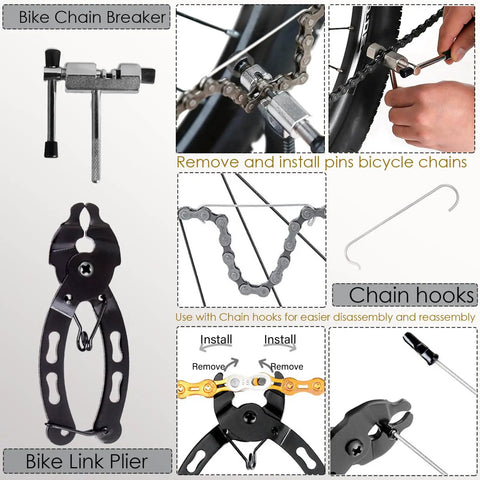 Image showcasing an All In One Bike Tool Kit with Eight Pro Grade Bicycle Repair Tools For Mountain Bikes, featuring chain breaker and link plier.