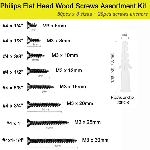 Wood Screw Assortment Kit 400 Screws And 20 Anchors With Philips Flat Head Short Wood Screws Cabinet Screws Rust Resistant