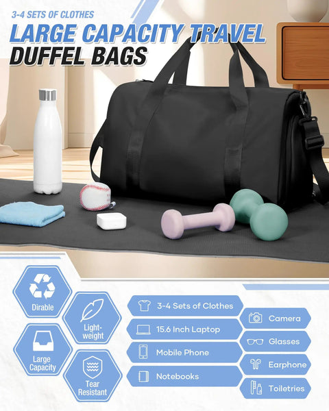 Gym Travel Duffle Bag For Women And Men, Lightweight Carry On Size 18x14x8, shown with accessories on mat