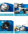 7X14 Mini Metal Lathe Machine With 550W Motor And Variable Speed Control Up To 2500 Rpm showing adaptable 3-jaw chuck and 4-way tool rest.