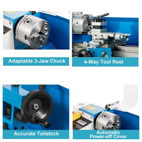 7X14 Mini Metal Lathe Machine With 550W Motor And Variable Speed Control Up To 2500 Rpm showing adaptable 3-jaw chuck and 4-way tool rest.