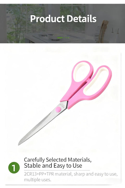 Three Pack Colorful 8 Inch Stainless Steel All Purpose Scissors With Go-To Ultra Sharp Blades And Comfort Grip Handles In Green Purple Orange For School Office Home Sewing Craft Projects, pink scissors detail