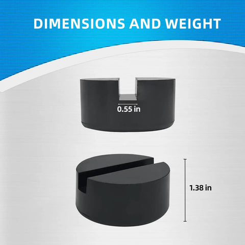 Universal Rubber Floor Jack Pad Set 2 Pack With Pinch Weld Jack Pad Adapter dimensions showing cutout and height.