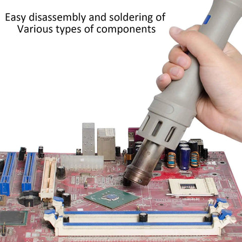 Pro Grade 1000W Hot Air Soldering Station for PCB repair in use on motherboard with hand visible