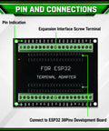 Sweet ESP32 Breakout Terminal Adapter 38 Pin 5 Pack Circuit Boards with clear pin indication and green screw terminals.