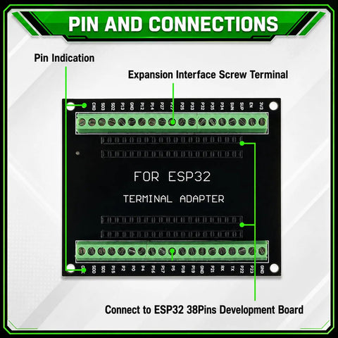 Sweet ESP32 Breakout Terminal Adapter 38 Pin 5 Pack Circuit Boards with clear pin indication and green screw terminals.