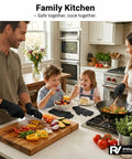 Family cooking in kitchen with Pro Grade Cut Resistant Gloves Level 5 Food Safe With Stainless Steel Wire for safety and dexterity.
