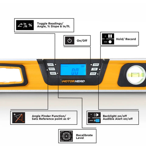 24 Inch Digital Level 0 To 180 Degrees With Large LCD Readout And Audible Alerts, control buttons and features shown