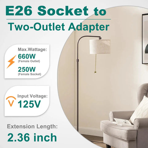 E26 To Dual Prong Outlet Adapter With Pull Chain On Off Switch For Light And Power Standard E26 Base To Two Outlet Splitter Black 2 Pack DIY