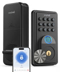 Smart Deadbolt Keyless Entry Door Lock Boasting AI Powered Fingerprint Recognition That Slips in Under Half A Second plus Bluetooth App Integration and Keypad Backup Provide Gnarly Convenience and Secure Peace of Mind in Slick Black, featuring keypad and smartphone interface.