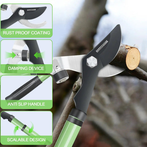 Beefy Heavy Duty Telescoping Loppers With SK5 High Carbon Steel Blade cutting a branch, showing rust-proof, damping, anti-slip features.