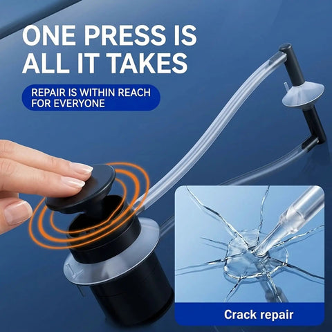 Vacuum Assisted Glass Repair Kit For Chips And Cracks On Windshields, Clear, demonstrating vacuum tool and resin on windshield