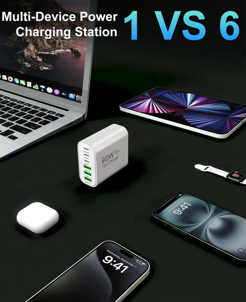 The Real Deal 90W GaN USB C Wall Charger Featuring Six Slick Ports With Rapid PD Fast Charging designed for multiple devices like phones and laptops.