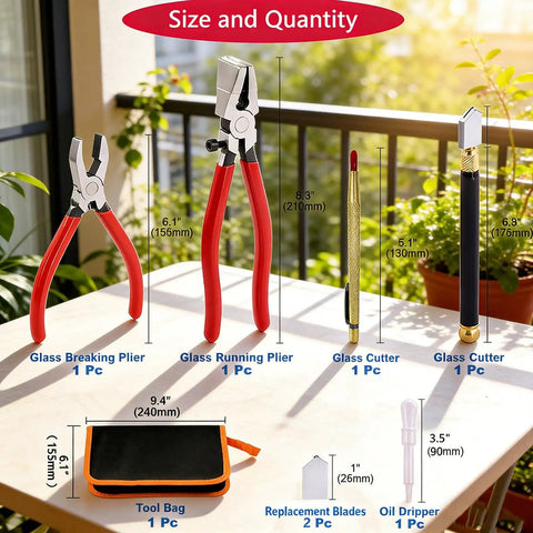 Pro Grade Glass Cutting Tool Set Kit With Nipper, Running Plier, Breaking Plier, Oil Feed Cutter, Replacement Blades, Oil Dropper, Leather Zipper Bag For Stained Glass Tiles Mosaic Mirrors displayed on table against garden view