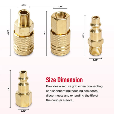 All In One 24 Piece One Quarter Inch NPT Quick Connect Air Hose Fittings Kit With Male And Female Couplers Plugs Hex Couplings Nipples And Thread Seal Tape For Home Garage And Professional Pneumatic Systems Up To 300 PSI brass quick-connect fittings size dimensions