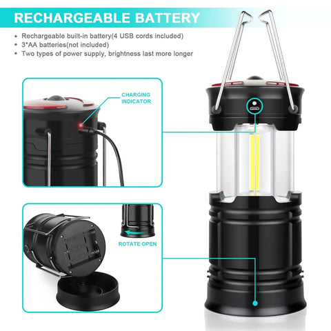 4 Pack COB LED Lanterns For Camping, Power Outages, And Emergency Prep, showing charging cable and battery compartment