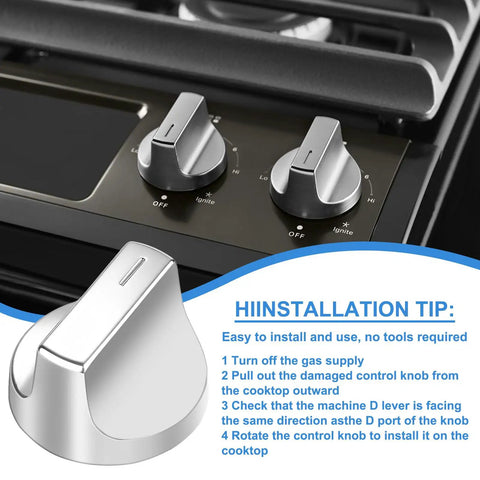 Easy Swap 5 Pack Gas Range Knob Replacements For Oven And Stove Controls Replaces W11122869 And W10850033 shown with installation tips