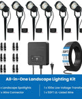 All In One Low Voltage Landscape Lighting Kit With Six 6W LED Spot Lights 100W Transformer 50 Feet Cable 12 Connectors Waterproof Outdoor Lights For Garden Pathways And Trees 2700K 12 To 24V 6 Pack, showing components in black and white including spotlights, transformer, cable, and connectors.