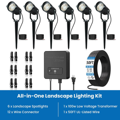 All In One Low Voltage Landscape Lighting Kit With Six 6W LED Spot Lights 100W Transformer 50 Feet Cable 12 Connectors Waterproof Outdoor Lights For Garden Pathways And Trees 2700K 12 To 24V 6 Pack, showing components in black and white including spotlights, transformer, cable, and connectors.