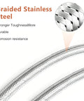 Close-up of braided stainless steel design on 18 Inch RV Propane Hose With Gauge, showcasing durability and toughness. Text overlay included.