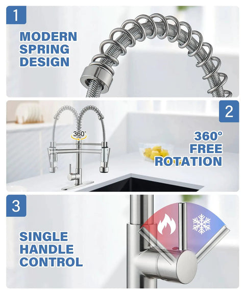 Spring Kitchen Sink Faucet With Pull Down Sprayer featuring modern spring design, dual spouts, and single handle LED temperature control.