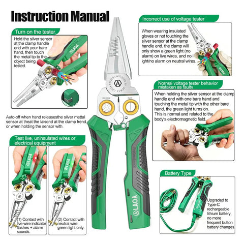 Instruction manual for 8 In 1 USB-C Rechargeable Electrician Pliers With Non Contact Voltage Tester, Wire Stripper And Cutter, Crimper