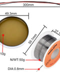 Tin Lead Solder Wire Kit With Rosin Paste Flux 60-40 Core Solder 0.8mm Diameter 50g including paste and wires with measurements.