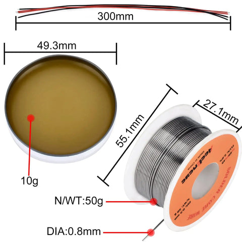 Tin Lead Solder Wire Kit With Rosin Paste Flux 60-40 Core Solder 0.8mm Diameter 50g including paste and wires with measurements.