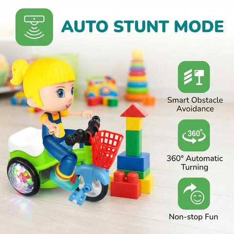 360 Degree Electric Stunt Tricycle Toy With LED Lights And Music, Omnidirectional Wheels For Kids, push ride-on trike with basket