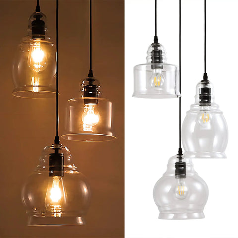 Three Light Modern Cluster Glass Pendant Lights With Amber Glass Shades For Kitchen Island And Dining Room, lit view