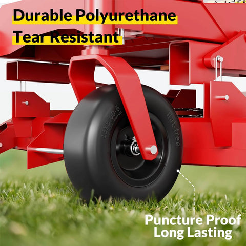 Flat Free 13x5.00-6 Tire And Wheel Set for Zero Turn Mowers showing durable polyurethane build on mower