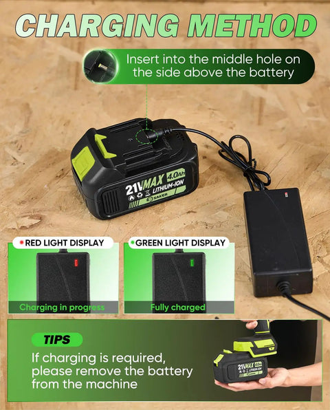 Cordless Leaf Blower Handheld Portable Dust Cleaner dual battery charging method showing 21V 4000 mAh in use
