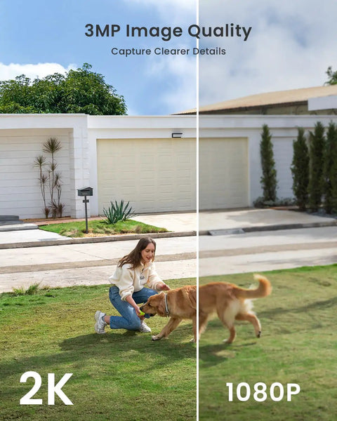 Comparison of 2K and 1080p quality with woman playing with dog captured by No Wires Battery Powered Wireless Outdoor Security Camera.