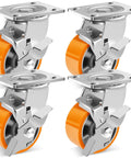 Set of four heavy-duty 4 inch industrial caster wheels with brakes, ideal for heavy loads, featuring polyurethane on aluminum design.